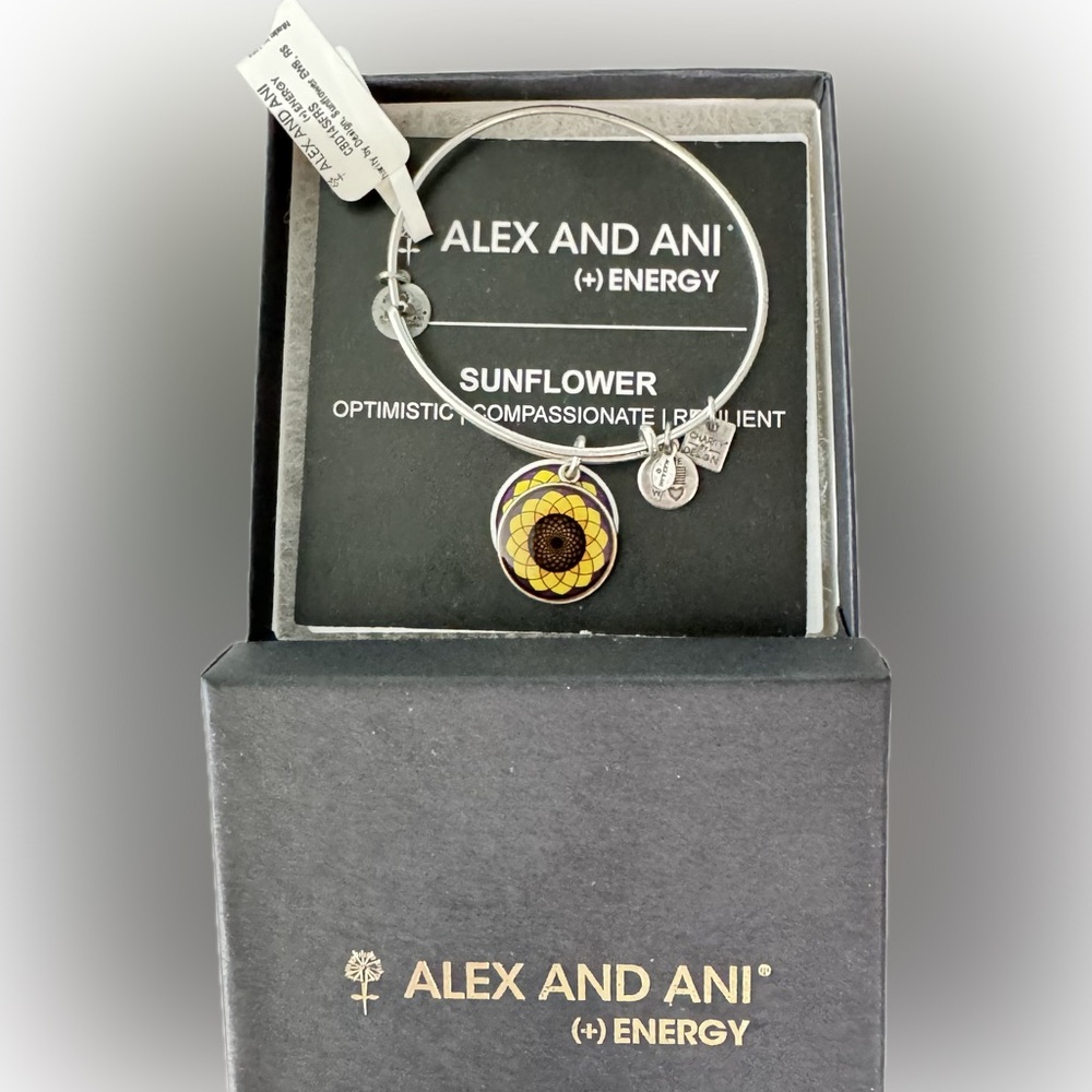Alex and Ani(+) Energy Silvertone "SUNFLOWER" Positivity Alzheimers Bracelet NEW